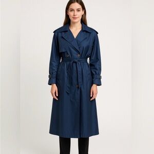 British Mist Navy Blue Long Trench Coat Size 8 – Classic Belted Vintage(C3)✨